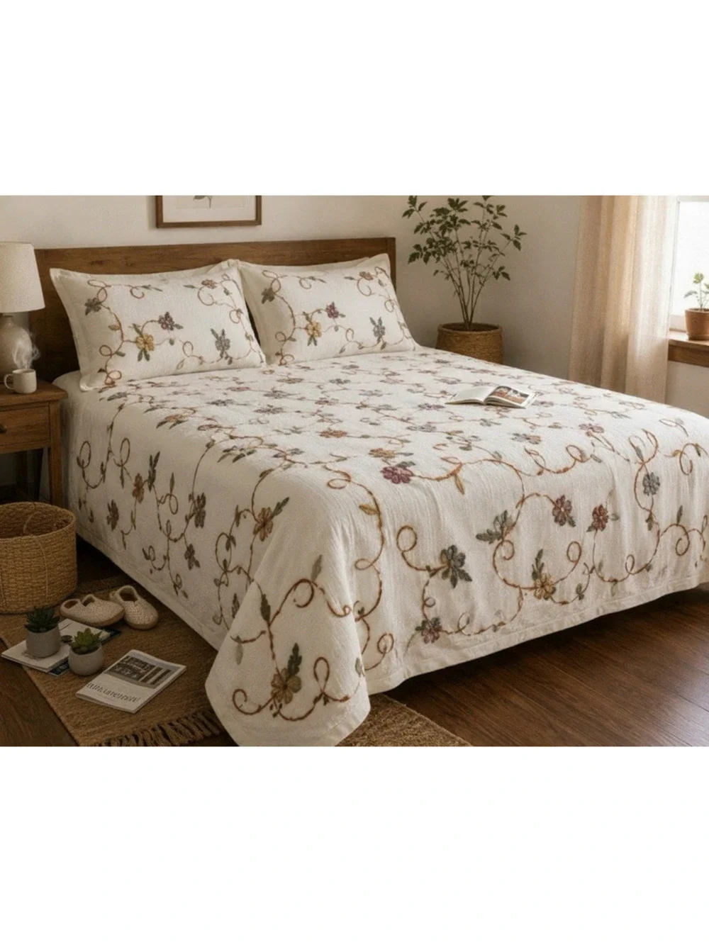 VINTAGE SPIEGAL Crewel Embroidery Bedspread 3 Piece Set 72x80 Made in India